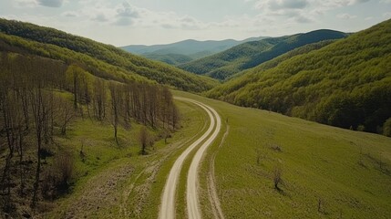 Naklejka premium Winding dirt road through green valley and hills