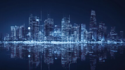 Digital city skyline at night reflected in water