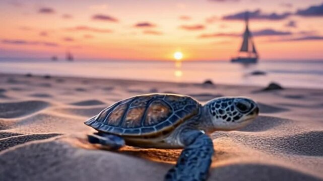 Turtle baby sea  of sunset ocean beach dawn sand, journey wildlife of nature emotional, Mohali crawl, waves freedom story scene 4K video download