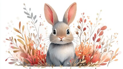 Adorable bunny nestled in autumnal foliage.  A charming illustration of a small, gray bunny surrounded by a soft, autumnal arrangement of leaves, branches, and flowers.  The bunny's expression