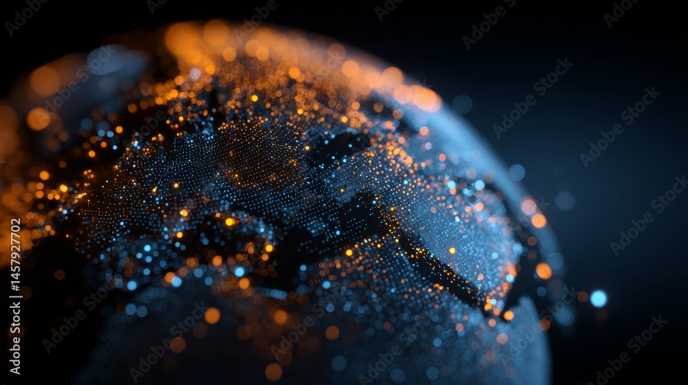Poster global digital network visualization – 3d spherical data representation with binary overlay, interco