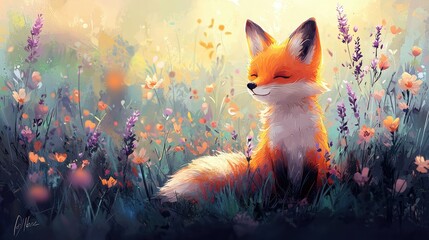 Adorable fox in a vibrant flower field bathed in sunlight.  A sweet, stylized fox rests amongst colorful flowers and lush foliage, basking in the warm glow of a bright sunrise or sunset.  Soft,