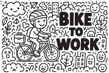 Bike to work themed black and white doodle vector showing people cycling, cityscapes, backpacks, sunrise, helmets, and simple sustainable transportation symbols.