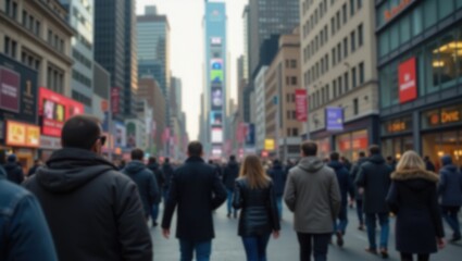 Blurred, bustling city street scene with a large crowd of pedestrians walking in various directions, tall buildings lining the sides, and a slightly muted, overcast lighting.
