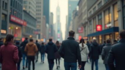 Blurred, bustling city street scene with a large crowd of pedestrians walking in various directions, tall buildings lining the sides, and a slightly muted, overcast lighting.