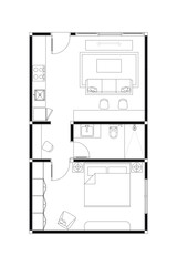 Tiny House or Apartment Floor Plan, Furniture Layout with Living, Dining, Kitchen, and Bedrooms. Vector Lines Black on White Background. 10