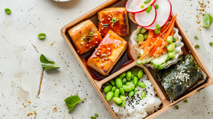 Traditional Japanese Vegan Bento Box with Rice, Tofu, and Seasonal Vegetables in Compartment Tray