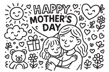 Black and white vector doodle background for Happy Mother’s Day with hearts, flowers, hugs, smiling moms, handwritten messages, and warm family moments.