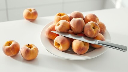 A pile of ripe peaches sits on a white plate with a knife ready for cutting on a bright kitchen counter.