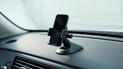A black smartphone sits securely in a modern car phone mount on the dashboard for safe hands-free driving.