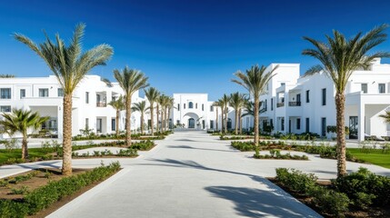 Fototapeta premium Luxury resort courtyard white buildings palm trees sunny day