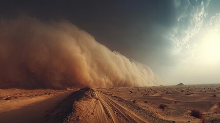 Panorama sand storm under cloudy sky with arid dune wave concept. A dramatic dust storm sweeping across a deserted landscape.