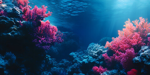 Naklejka premium Vibrant Coral Reef Underwater Scene with Colorful Tropical Fish