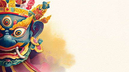 Obraz premium Watercolor Banner of Traditional Hemis Festival Accessories Featuring Cham Mask Perak Headpiece Against Orange Beige Gradient Background