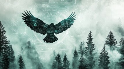 Obraz premium Eagle with circuit board pattern over misty forest