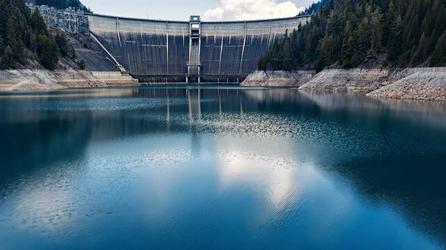 Mountain Dam Reflecting in Still Water, Tranquil Landscape, Scenic View, Potential Stock Photo