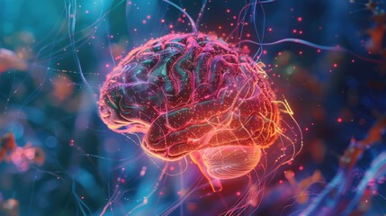 Human Brain with Neural Network Connections, Digital Rendering