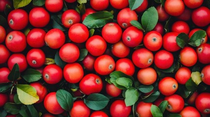 Obraz premium Red fruit and green leaves close up