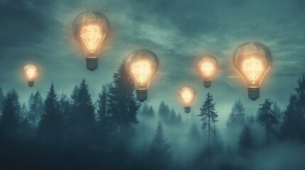 Obraz premium Illuminated Lightbulbs Above Foggy Forest