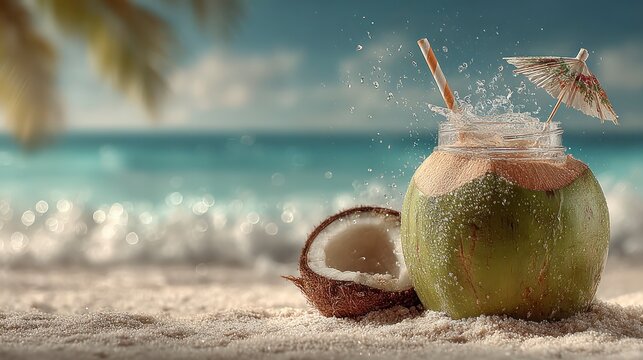 Refreshing Coconut Drink on a Tropical Beach with Splashing Water and Umbrella