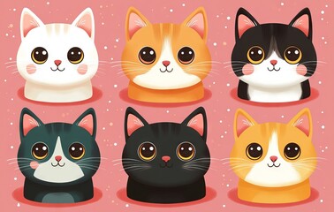 Fototapeta premium Pastel Cute Cat Face Icon Set on Pink Background Vector Illustration