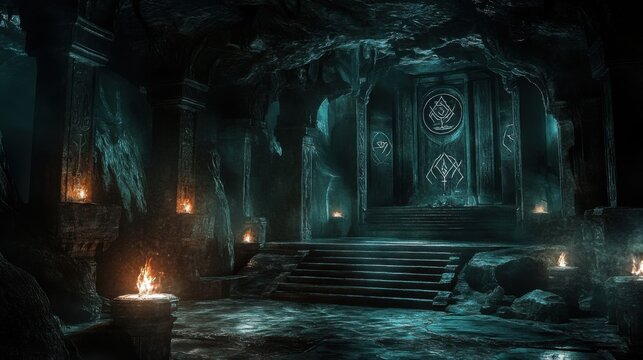 Interior of a Cave Structure with Stone Steps, Pillars, and Ornate Door
