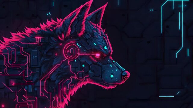 Futuristic Cyber Wolf with Digital Circuitry and Neon Colors in a Dark Setting 4k video