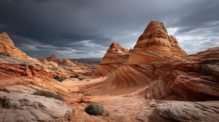 Fototapeta premium Panorama sand storm under cloudy sky with arid dune wave concept. Stunning desert landscape featuring unique rock formations and clouds.