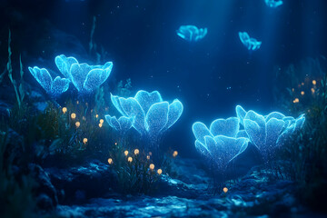 Fototapeta premium Subaquatic digital floral forms in a deep sea environment.