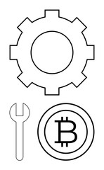 Gear, wrench, and bitcoin icon expressing blockchain development, cryptocurrency repair, financial technology management. Ideal for business, cryptocurrency, blockchain, fintech engineering coding