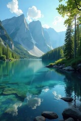 Painterly German lake, teal water reflects mountains, sunlit trees, dawn, light rays, serene