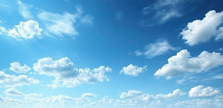 Bright Blue Sky with Puffy White Cumulus Clouds and Vapor Trail, Daylight - Powered by Adobe