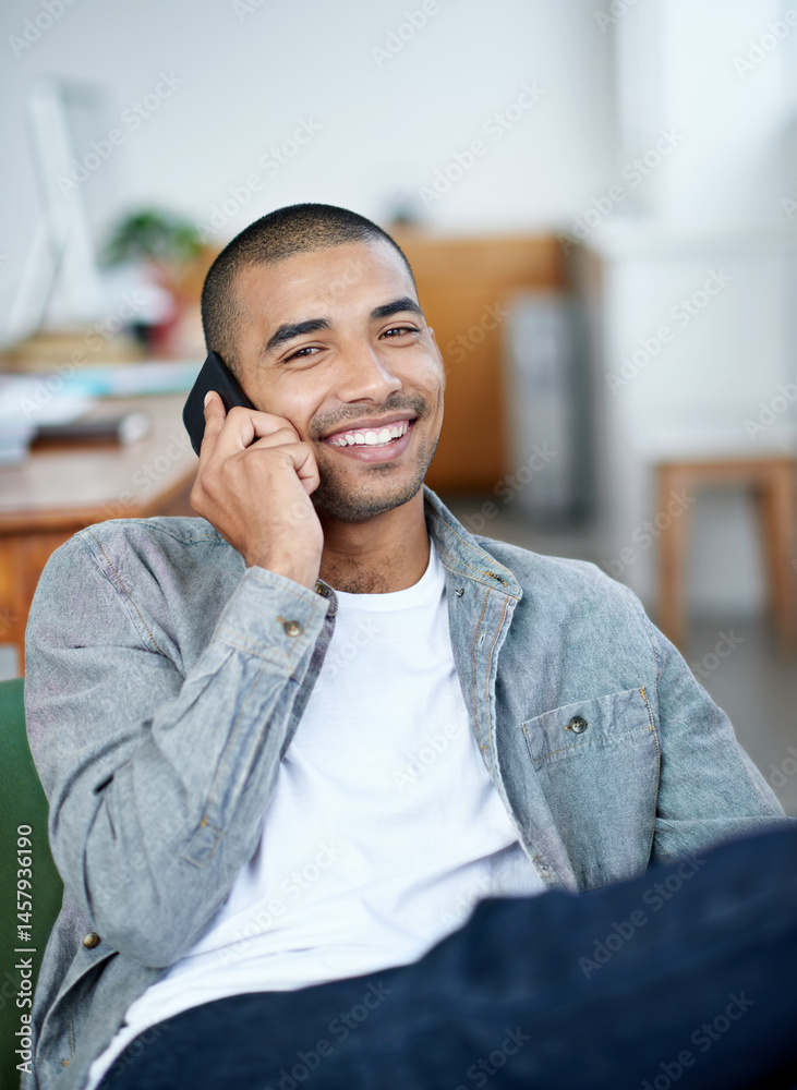 Poster portrait, man and smile in office or phone call for discussion, client communication and networking 