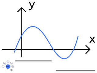 Blue sine wave on x-y axes illustrates data patterns, supported by a small ERP system diagram icon. Ideal for data visualization, analytics, science, education, integration, technology, flat simple