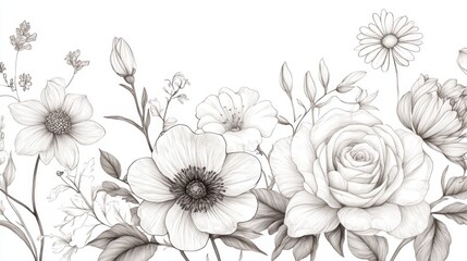 Monochrome Floral Illustration with Various Flowers and Leaves