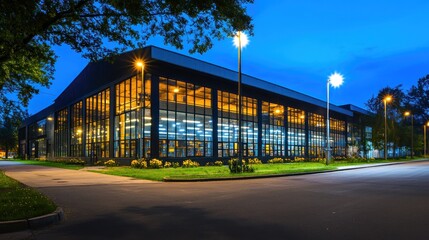 Modern building exterior at night illuminated windows sleek design contemporary architecture