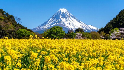 Fototapeta premium A vibrant field of yellow flowers with a snow-capped mountain in the background under a clear blue sky.