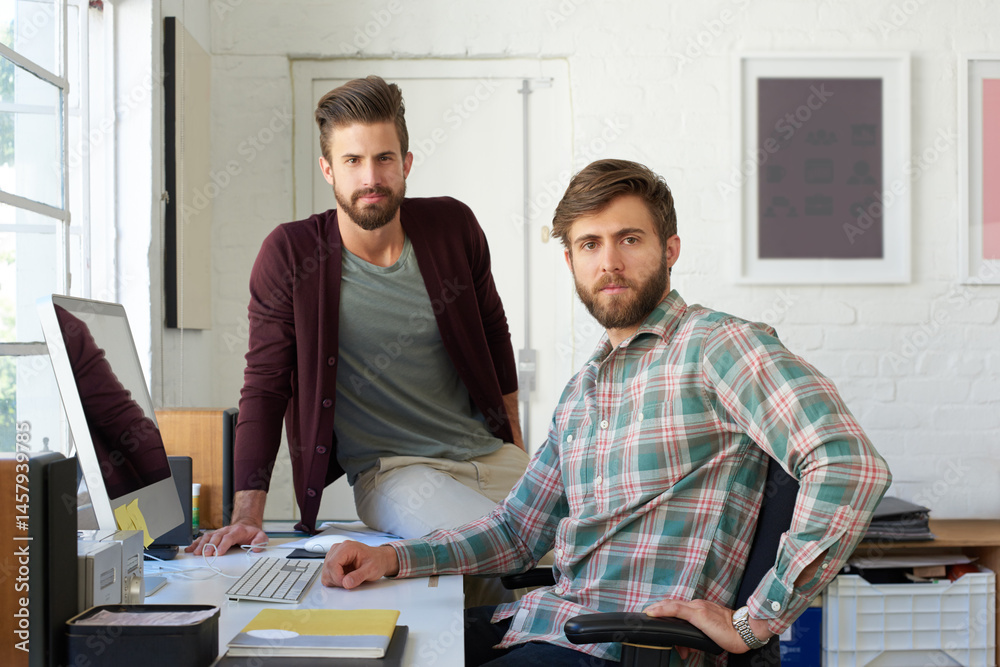 Poster man, partner and portrait on computer in office for research, planning and ideas as web designer wit