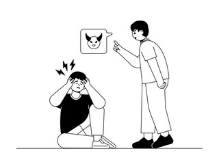 Bullying and malicious comments that cause social pressure experienced by school children. Social issue vector illustration. Black and white style. Flat and outline illustration concept.