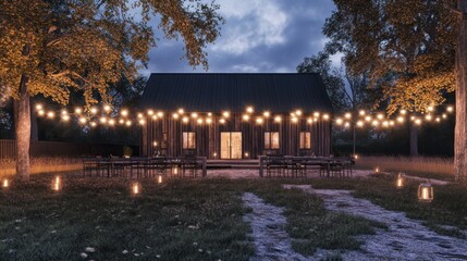 Obraz premium Rustic wooden house night scene with string lights and outdoor seating