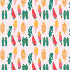 FLAT VECTOR SEAMLESS PATTERN SUMMER ICE CREAM LEMON SLIPPERS WATERMELON
