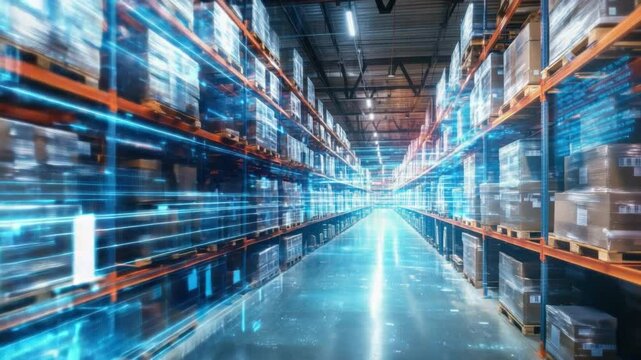 Futuristic Warehouse with Digital Effects and Organized Shelves for Inventory Management and Logistics Operations 4k video
