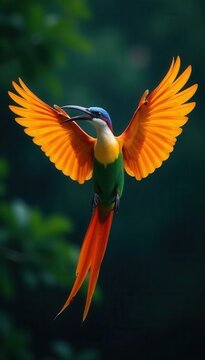 Vibrant bird-of-paradise in flight, wings spread wide, isolated , studio shot, isolated