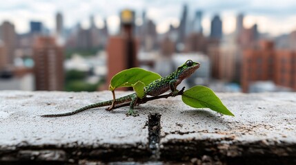 Urban Gecko on Leaf Amidst Cityscape Backdrop