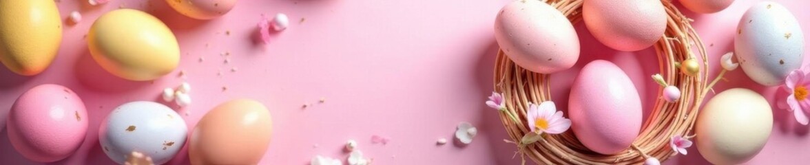Vibrant Easter egg wreath, pastel pink backdrop, spring, tradition