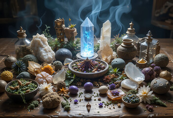 Magical altar decorated with crystals, herbs, and mystical objects in a dimly lit room during a ritual setting