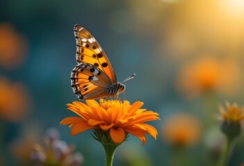 Obraz premium A Stunning Monarch Butterfly Perched Gracefully on a Vibrant Orange Flower in a Sunlit Meadow