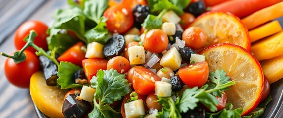 Healthy vegan salad with fresh vegetables and fruits, a symbol of wellness and healthy eating, diet, recipe