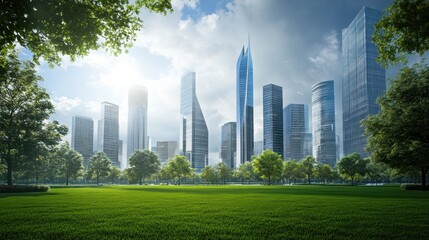 Fototapeta premium Modern city skyline with green park and sunlight