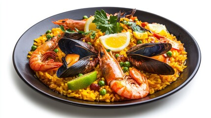Seafood Paella with Shrimp and Mussels on Dark Plate